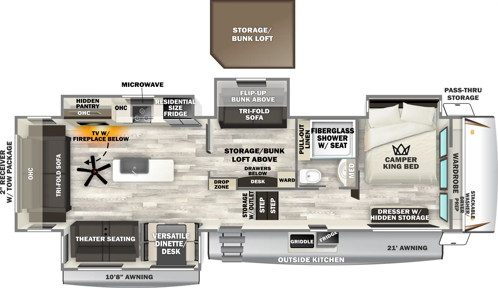 The Sabre 36FLX floorplan has one entry and four slide outs. Exterior features include: fiberglass exterior, 10'8" & 21' awning and outside kitchen. Interiors features include: bunk beds, loft, kitchen island, front bedroom and rear living.